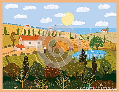 Autumn panorama countryside landscape farm fields. Fall rural rustic view, trees, hills yellow orange foliage. Vector Vector Illustration
