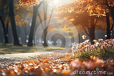 Autumn park with colorful golden fall leaves on a sunny day Stock Photo