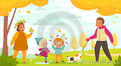 Autumn park family. Parents with children walk with dog outdoor activity, people and pet, mom and dad, son and daughter walking Stock Photo