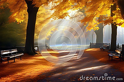 Autumn park landscape with leafy pathway and benches Stock Photo