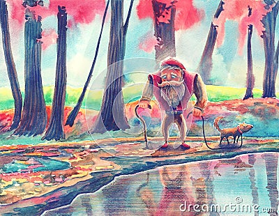 Autumn park with magic trees and pond drawing by watercolor, hand drawn landscape painting art with walk of man and dog in forest Cartoon Illustration