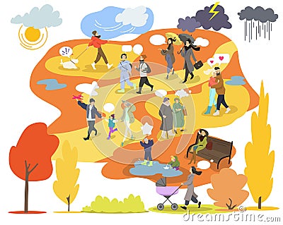 Autumn in the Park, people walking, vector illustration set, autumn weather, lifestyle, season, leisure Vector Illustration