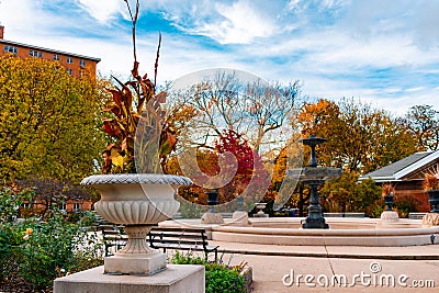 Autumn Park Scene in Wicker Park Chicago with a Fountain Stock Photo