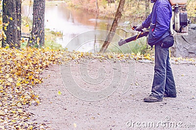 In the autumn park worker removes the road from the fallen leaves with help Stock Photo