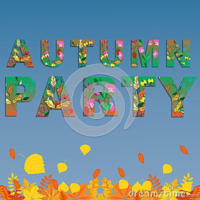 Autumn Party flyer template with lettering, orange leaves. Post Vector Illustration