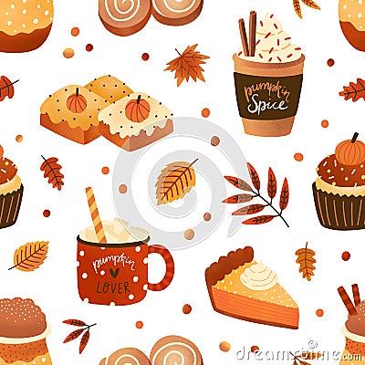 Autumn pastry and drinks flat seamless pattern. Pumpkin spice latte and cupcakes vector texture. Cappuccino, cinnamon Vector Illustration