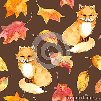 Autumn pattern - cute fox animal, red leaves. Seamless watercolor Stock Photo