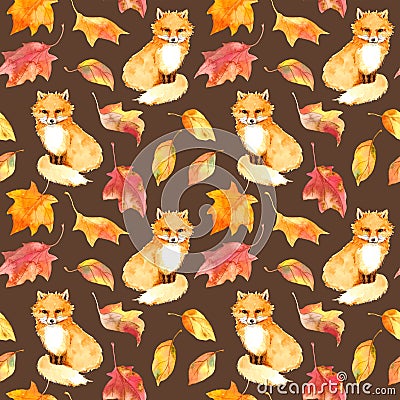 Autumn pattern - cute fox animal, red leaves. Seamless watercolor Stock Photo