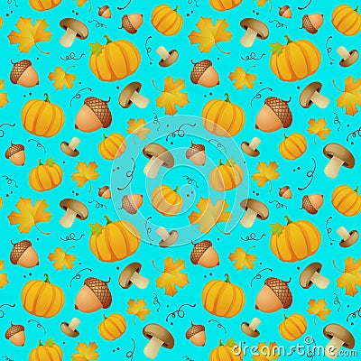 Autumn pattern with leaves, acorns and pumpkins Vector Illustration