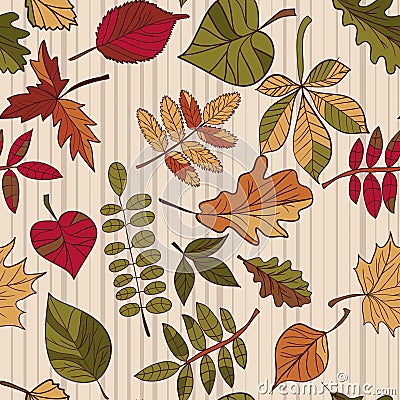 Autumn pattern. Pattern of autumn leaves. Red, yellow and green leaves of forest trees. Seamless texture. Use as a fill pattern Vector Illustration