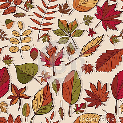 Autumn pattern. Pattern of autumn leaves. Red, yellow and green leaves of forest trees. Seamless texture. Use as a fill pattern Vector Illustration