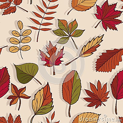 Autumn pattern. Pattern of autumn leaves. Red, yellow and green leaves of forest trees. Seamless texture. Use as a fill pattern Vector Illustration