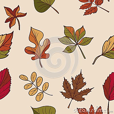 Autumn pattern. Pattern of autumn leaves. Red, yellow and green leaves of forest trees. Seamless texture. Use as a fill pattern Vector Illustration