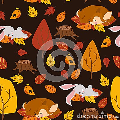Autumn seamless pattern with sleeping deer and bunny - vector illustration, eps Vector Illustration