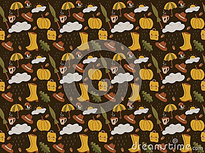 Autumn pattern. Vector seamless background with autumn elements: autumn leaves, umbrella, pumpkin, mushrooms, boots, rain, hat .. Vector Illustration