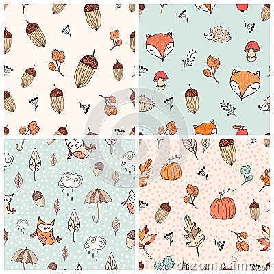 Hand drawn childish patterns collection with autumnal design Vector Illustration