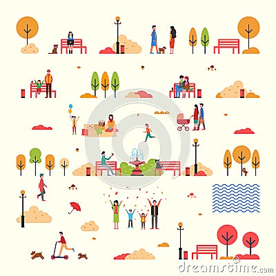 Autumn People Fall Trees Park Isolated Set Vector Vector Illustration