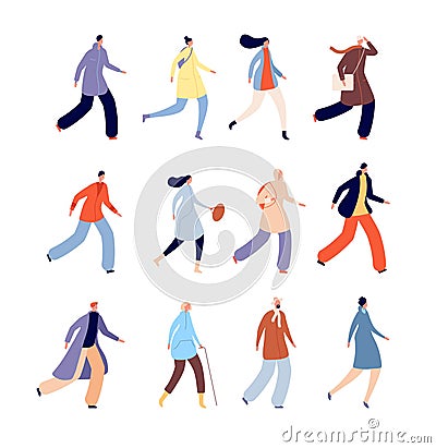 Autumn people. Person in warm clothes, urban male characters dressed outerwear. Isolated flat fall seasonal crowd, man Vector Illustration