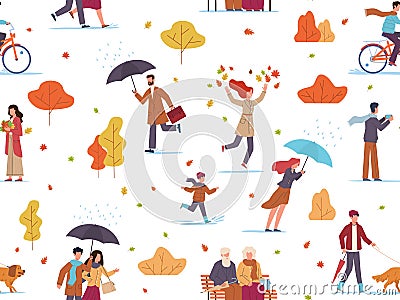 Autumn people seamless pattern. Guys and kid with umbrellas walk public park, take photo and play fall leaves, texture Vector Illustration