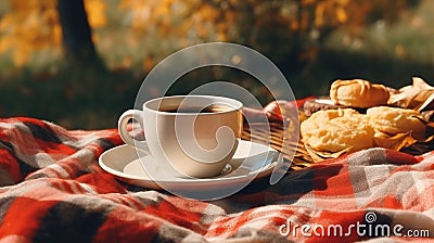 Autumn picnic in the park. Cup of coffee, apple and cookies on picnic plaid on nature yellow leaves. Active lifestyle concept Stock Photo