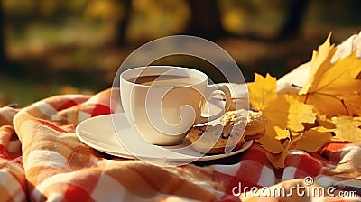 Autumn picnic in the park. Cup of coffee, apple and cookies on picnic plaid on nature yellow leaves. Active lifestyle concept Stock Photo