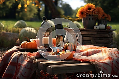 Autumn picnic scene with a cozy blanket pumpkins Stock Photo