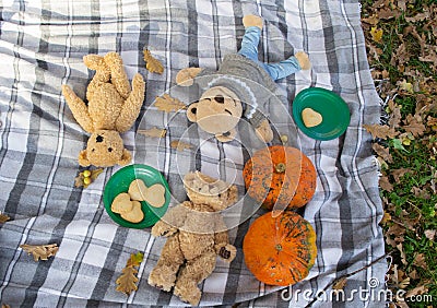 Autumn picnic. Teddy bears lying on a plaid blanket. Pumpkins, autumn leaves, heart-shaped cookies Stock Photo