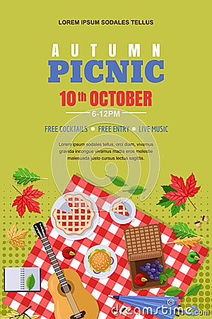 Autumn picnic, vector poster, banner layout. Outdoors weekend and thanksgiving holiday background. Vector Illustration