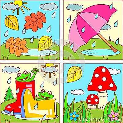 Autumn picture icons for designing themed projects - falling leaves, rain, umbrella, rubber boots, playful frogs, puddles, mushroo Vector Illustration
