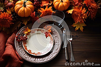 Autumn place setting with fall leaves, napkin and pumpkins. Thanksgiving autumn place setting with cutlery and arrangement of fall Stock Photo