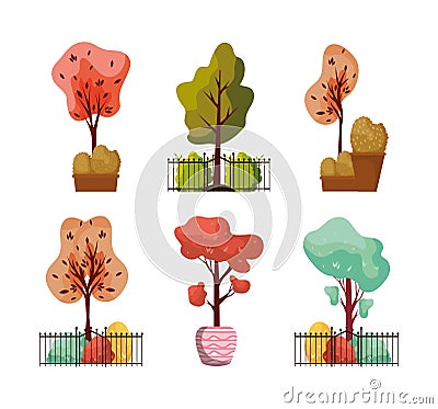 Autumn plants in fence metal and ceramic pots Vector Illustration