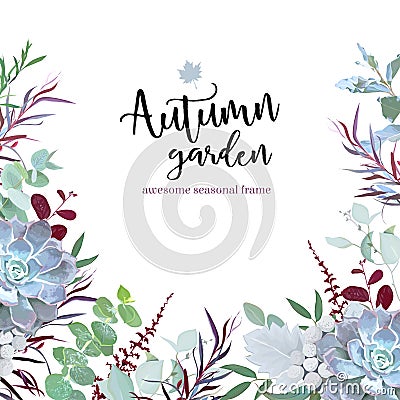 Autumn plants vector design frame arranged from eucalyptus, agonis, succulent Vector Illustration