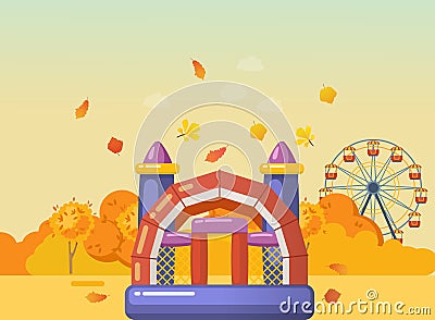 Entertainment with inflatable gaming complex with slides, ladders, trampolines. Vector Illustration