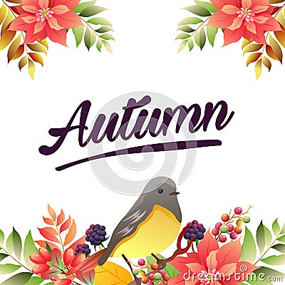 Autumn poinsettia birdsong border vivid color Vector Illustration