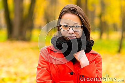 Autumn portrait Korean girl in glasses Stock Photo