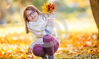 Autumn. Portrait of a smiling young girl who is holding in her hand a bouquet of autumn maple leaves. Stock Photo