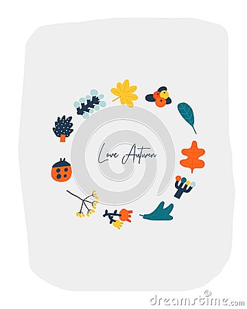 Autumn postcard with plants, leaves round frame Vector Illustration