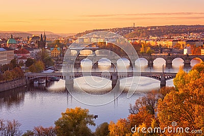 Prague, panoramic view to the historical bridges, old town and Vltava river from popular view point in Letna park, Czech Republic Stock Photo