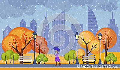 Autumn public city park vector illustration. Rainy cloudy cold weather with alone walking girl. Vector Illustration