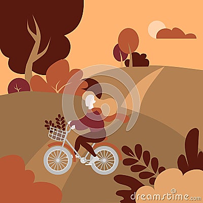 Autumn public park landscape. Girl with bicycle Vector Illustration