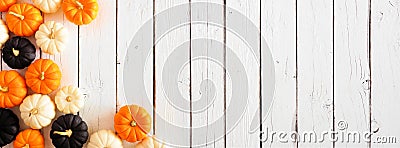 Autumn pumpkin corner border in Halloween colors orange, black and white against a white wood banner background Stock Photo