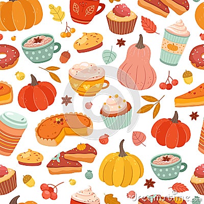 Autumn pumpkin pattern. Pumpkins spice, cinnamon hot drink and pastry print. Thanksgiving food, pie cake coffee vector Vector Illustration