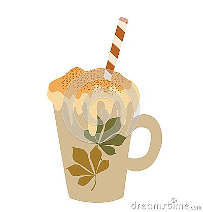 Autumn Pumpkin Spice latte in Porcelain cup with Chestnut leaves. Flat vector illustration Coffee with Whipped Cream and Drinking Vector Illustration