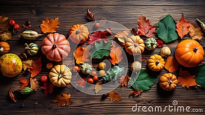 Autumn pumpkins and leaves on a dark wooden table, for Thanksgiving and Halloween. View from above. Panoramic Generative Cartoon Illustration