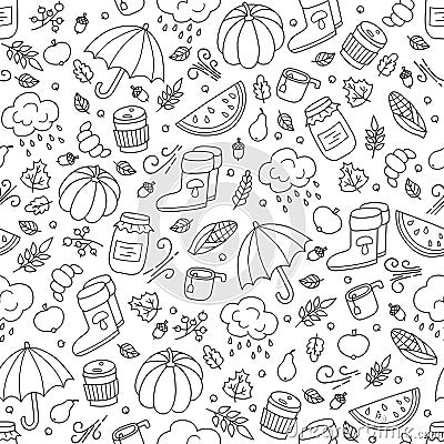 Autumn and rain. Seamless pattern in doodle and cartoon style. Vector Illustration