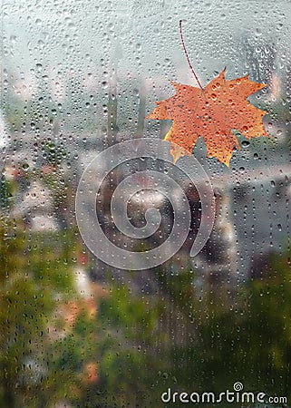 Autumn, rainy city through a window with raindrops. Stock Photo