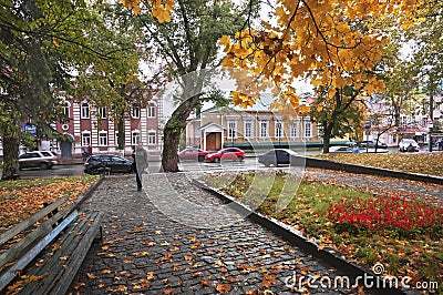 Autumn, rainy day. City square in the central part of the city of Penza. Russia Editorial Stock Photo