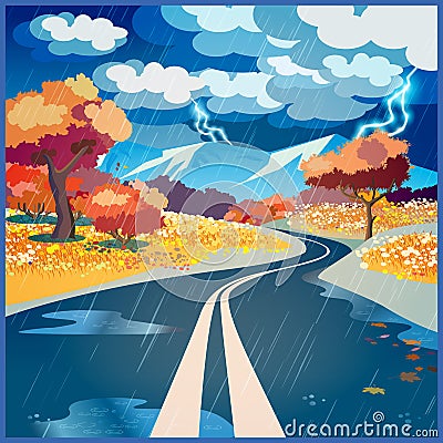 Autumn rainy road Vector Illustration