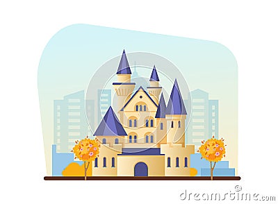 Autumn recreation park, game entertainment complex, castle, fortress, solid cottage. Vector Illustration