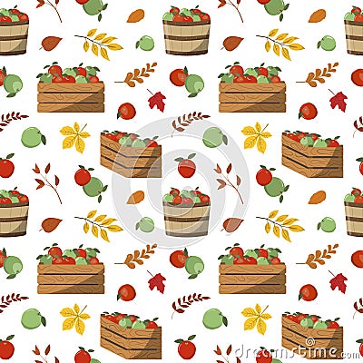 Autumn red and green apples in crates and baskets, forest leaves seamless pattern Vector Illustration
